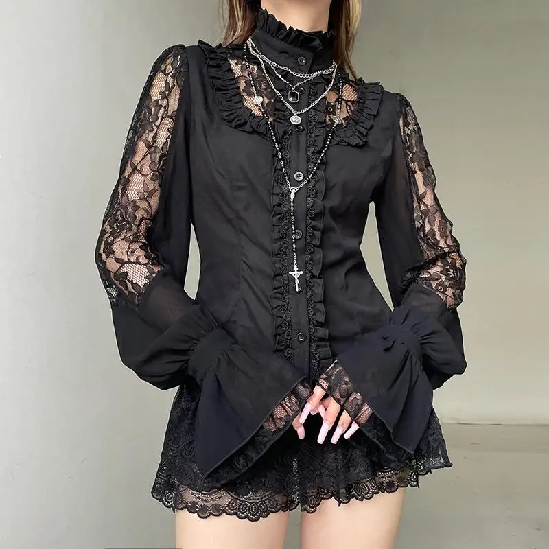 

Women's Black Gothic Shirts and Blouses Y2k Long Sleeve Harajuku Streetwear 2000s Vintage Sweet Shirt For Lady Blusas Tops