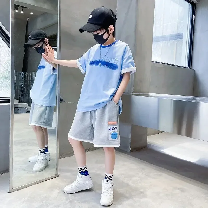 Boys Loose Casual Sets Summer Teen Gradient T-shirts+Shorts 2Pcs Big Kids Sport Short Sleeve Clothes Suits Children Print Outfit