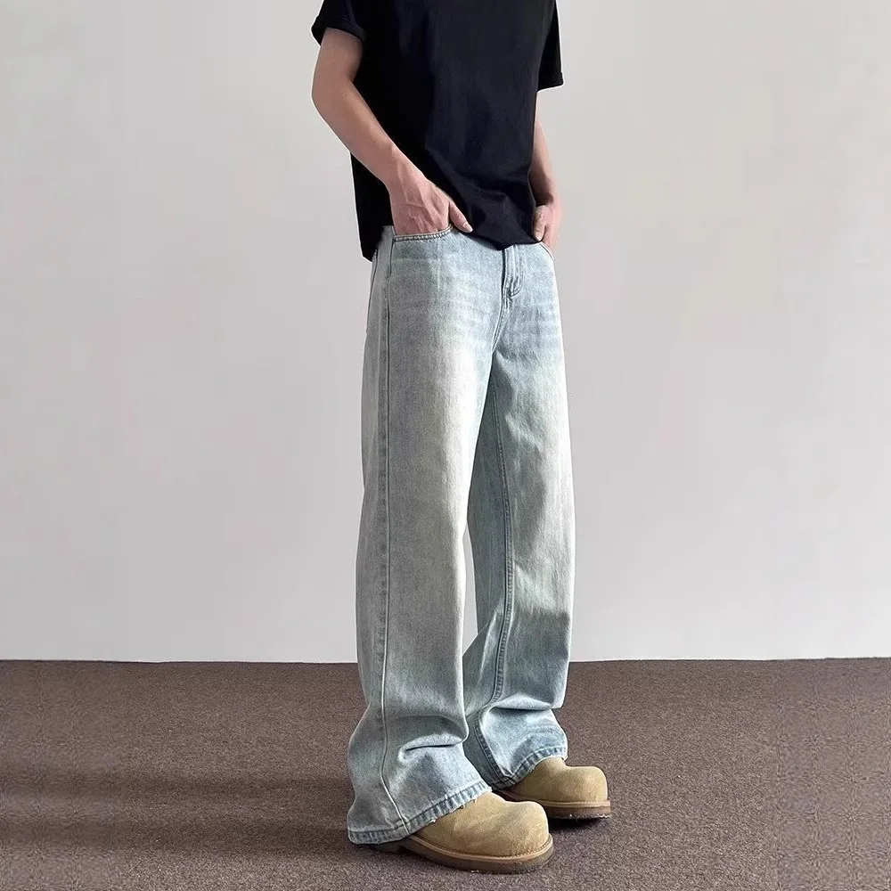 American High Street nueva moda 2025 hombres azul claro recto Casual de moda suelta pantalones vaqueros de pierna ancha pantalones vaqueros masculinos