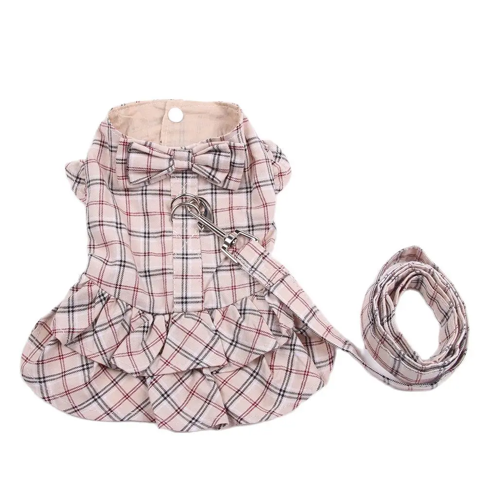 New Dog Cat Dress Shirt Plaid&Bow with Matching Dog Leash Pet Puppy Skirt Spring/Summer clothes apparel 5 sizes