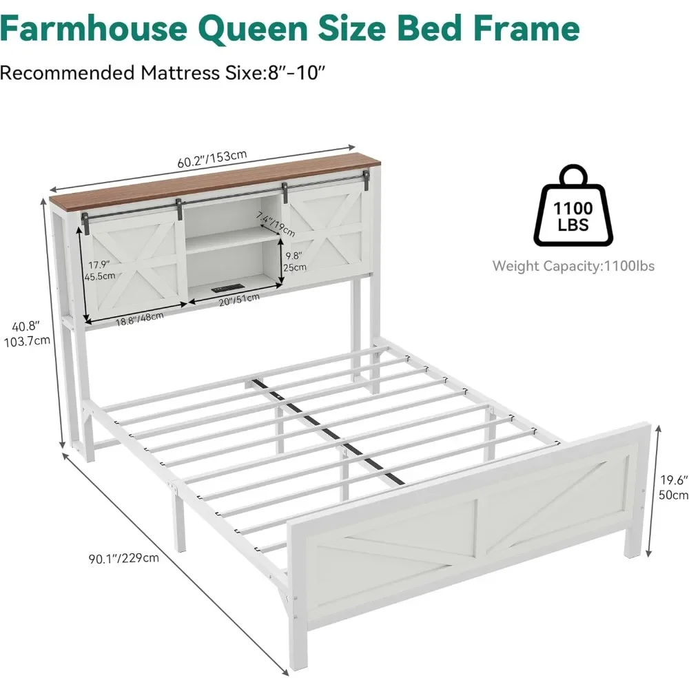 Farmhouse Queen Size Bed Frame with Headboard, Bookcase Storage Shelves,Sliding Barn Door,Charging Station,Rustic Wood Platform