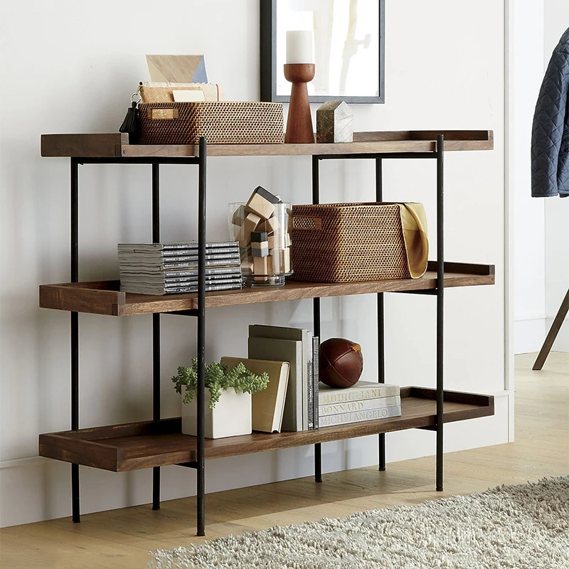

American wrought iron retro simple multi-layer floor shelf living room display shelf office bookcase solid wood baffle shelf