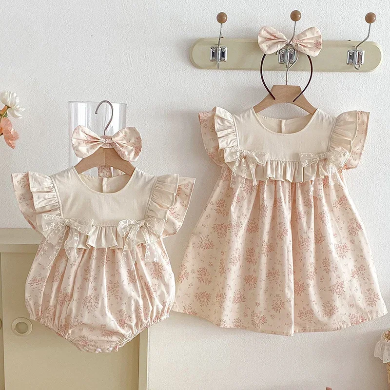 

2026 New Summer Children Clothes 2-7Yrs Girl Party Dress Flying Sleeve Cotton Print Splice Kids Princess Dresses Baby Romper