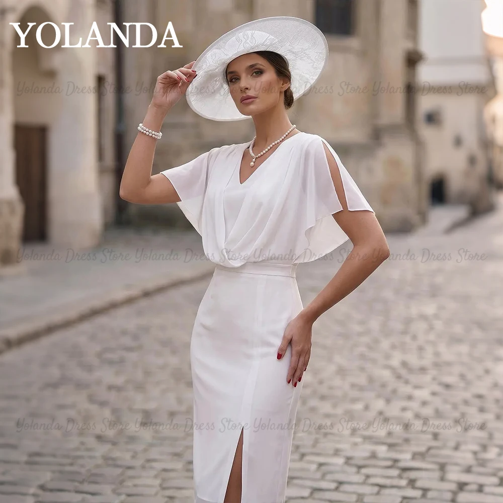 Yolanda Women's Wedding Attire Sheath V-Neck Cape Sleeves Chiffon vestido madrinha casamento Split Front Guest Dress Customized