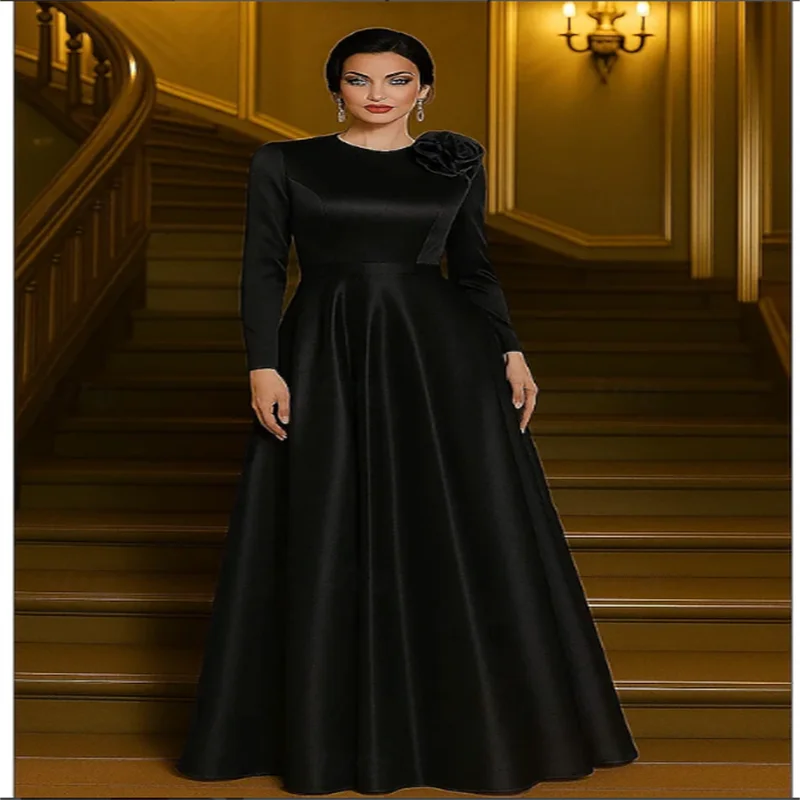 Abito da sera rosso a trapezio Abito formale elegante Matrimonio formale Lunghezza pavimento Manica lunga Girocollo Raso elasticizzato con fiori a spalla