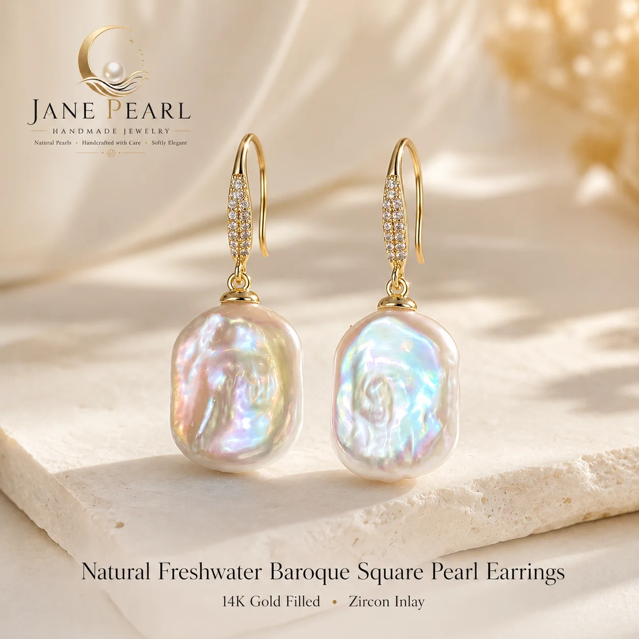 Mareora Natural Freshwater Baroque Square Pearl Drop Earrings 14K Gold Filled Zircon Hook Dangle Earrings for Women Jewelry