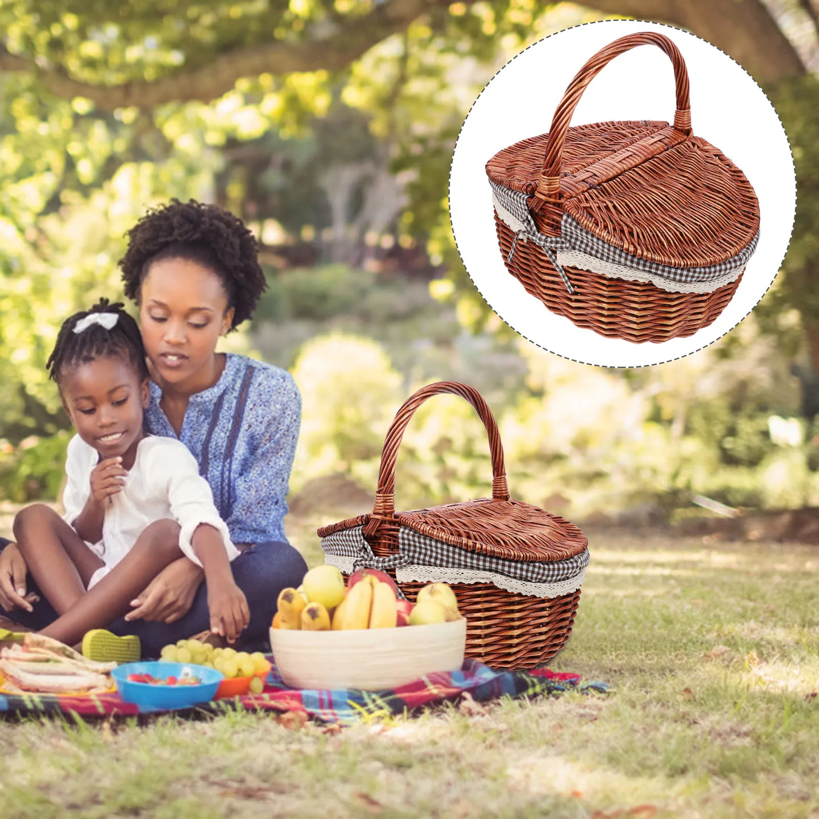 

Natural Wicker Storage Basket Large Capacity Double Lid Design for Picnic Camping Hiking Outdoor Fruit Vegetable Organizer