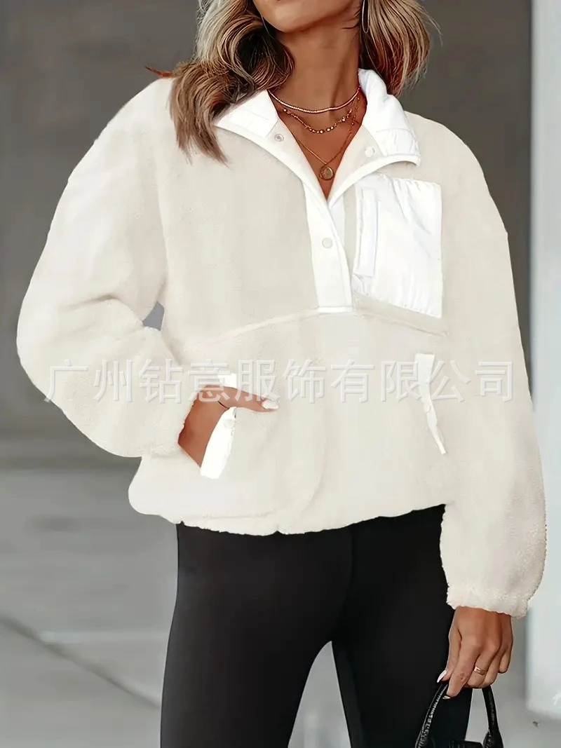Fall Winter Loose Fashion Versatile Warm Top Women's Multi Pocket Fuzzy Pullover Color Block Half Open Collar Zipper Sweatshirt