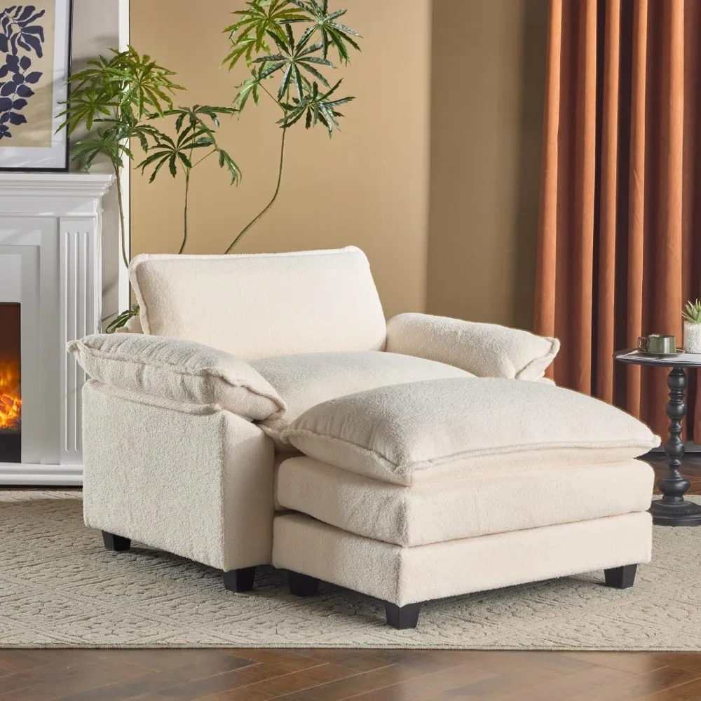 Cadeira de sofá grande e meio com assento profundo e conjunto otomano móvel de 2 camadas, sofá-cama nuvem confortável com espreguiçadeira, modula de 1 lugar