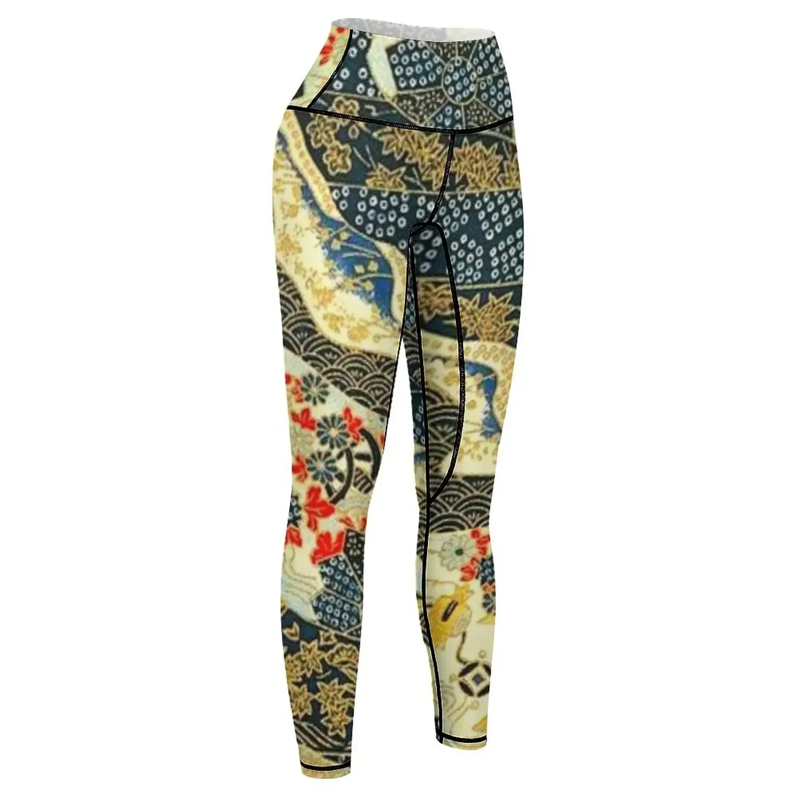 Traditional Japanese Kimono Cherry Blossom Sakura Flowers | Japanese Pattern | Gold Golden Blue and White Leggings 6