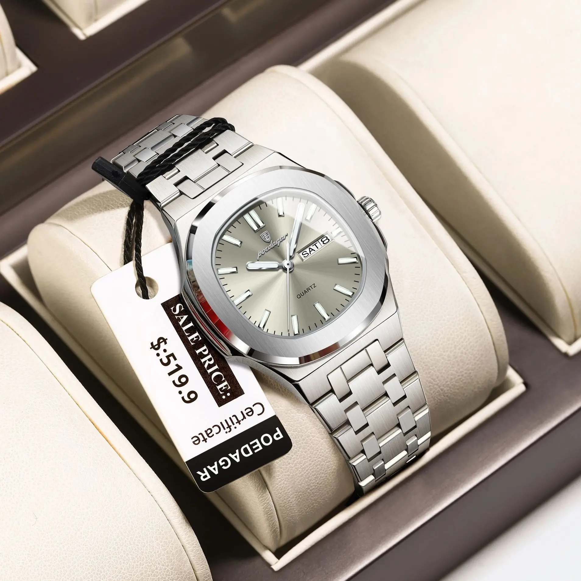 포에다가 여성용 탑 오리지널 시계 야광 날짜 요일 사각 여성 시계 스테인리스 스틸 쿼츠 여성 시계 여성용 렐로즈