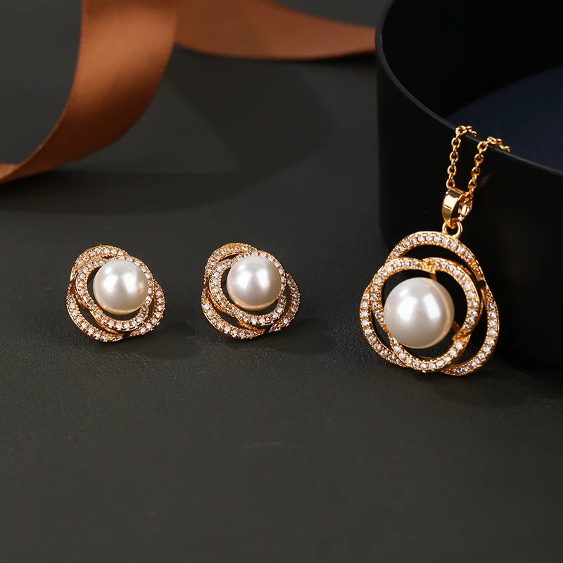 Lanruisha Simple pearl cut out flower pendants and earrings Women's jewelry set Classic micro set zircon popular jewelry