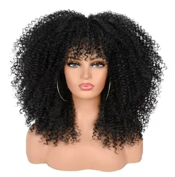 16''Short Hair Afro Kinky Curly Wig With Bangs For Black Women Cosplay Lolita Synthetic Natural Brown Mixed Blonde Wigs
