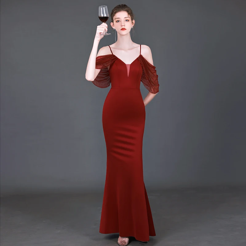 

2025 New Sexy Slim Fit Bride Drinking Dr Red Wine Color Wedding Evening Gown with Strap Fi Tail High-End Feeling Women's...