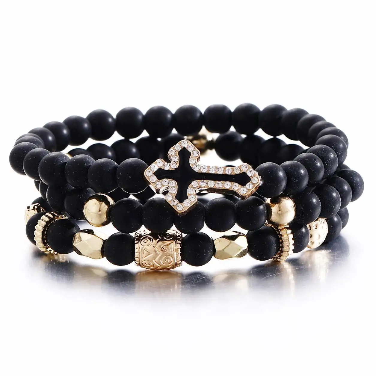 Neue Schwarz Matte Perlen Armband Set Für Männer Kristall Kreuz Charme Elastische Kette Armreif Frauen Fashion Party Schmuck Geschenk