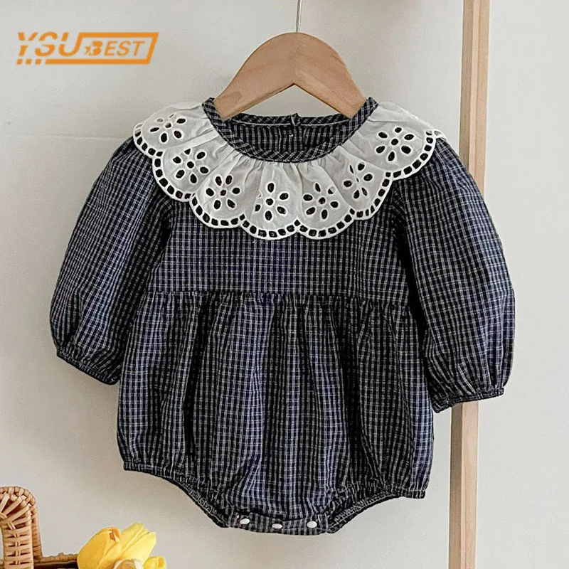 Infant Baby Girls Rompers Newborn Kids Baby Girls Long Sleeve Lace Collar Grid Princess Rompers Baby Girls Rompers Clothes