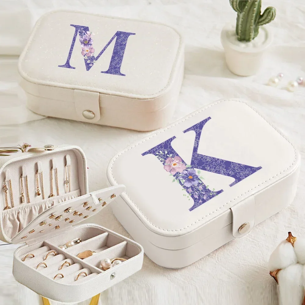 Jewelry Box Earrings Storage Bag Desktop Drawer Necklace Ring Holder PU Leather Organizer Display Blue Letters and Flowers 2026