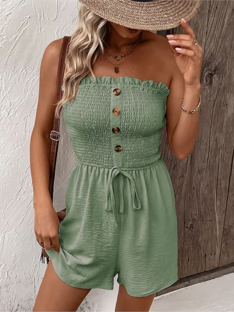 Dames Jumpsuit Zomer 2024 Tube Top Ruche Knoop Kanten Wijde Pijpen Shorts Vakantie Pak Modieuze Dameskleding