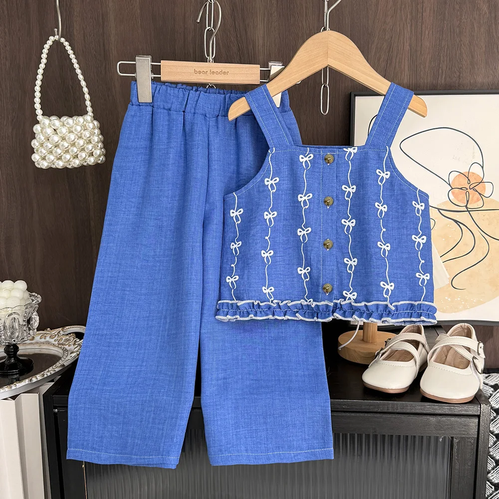 Summer Kids Clothes Korean Version Fashion 3-7Y Girls Blue Imitation Denim Bow Print Sleeveless Tops+Pants 2 Pcs Set