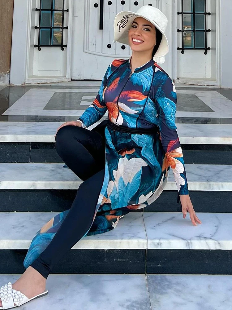 4PCS ดอกไม้มุสลิมชุดว่ายน้ําชุดว่ายน้ําเจียมเนื้อเจียมตัว Burkini Femmes ฤดูร้อนชายหาดผู้หญิงชุดว่ายน้ํา,Hijab Top กางเกงผ้าคลุมไหล่