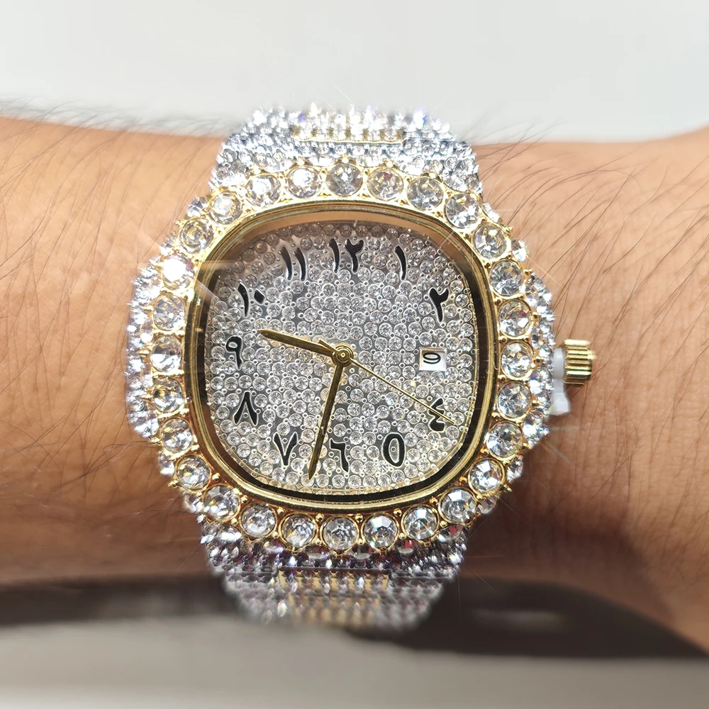 Jam Tangan Berlian Mewah Baru Laris 2025 Jam Tangan Kuarsa Persegi Es Keluar Bling Modis Pria Rap Hip Hop Jam Tangan Pria untuk Pesta