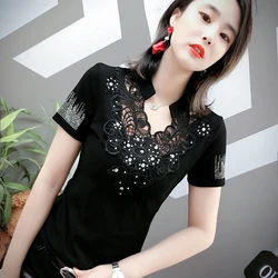 #4218 Summer 2022 Black Sexy Basic T Shirt Women With Diamonds Hollow Out Slim Short Sleeve T Shirt Female Cotton Stand Collar