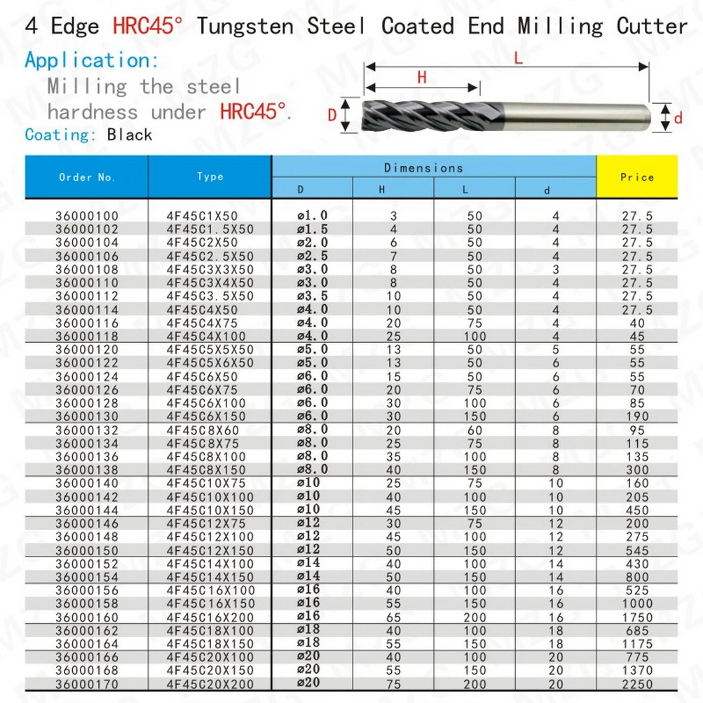MZG 1PC HRC50 4 Flute 75L 4mm 6mm 8mm Cutting Alloy Carbide Tungsten Steel Milling Cutter