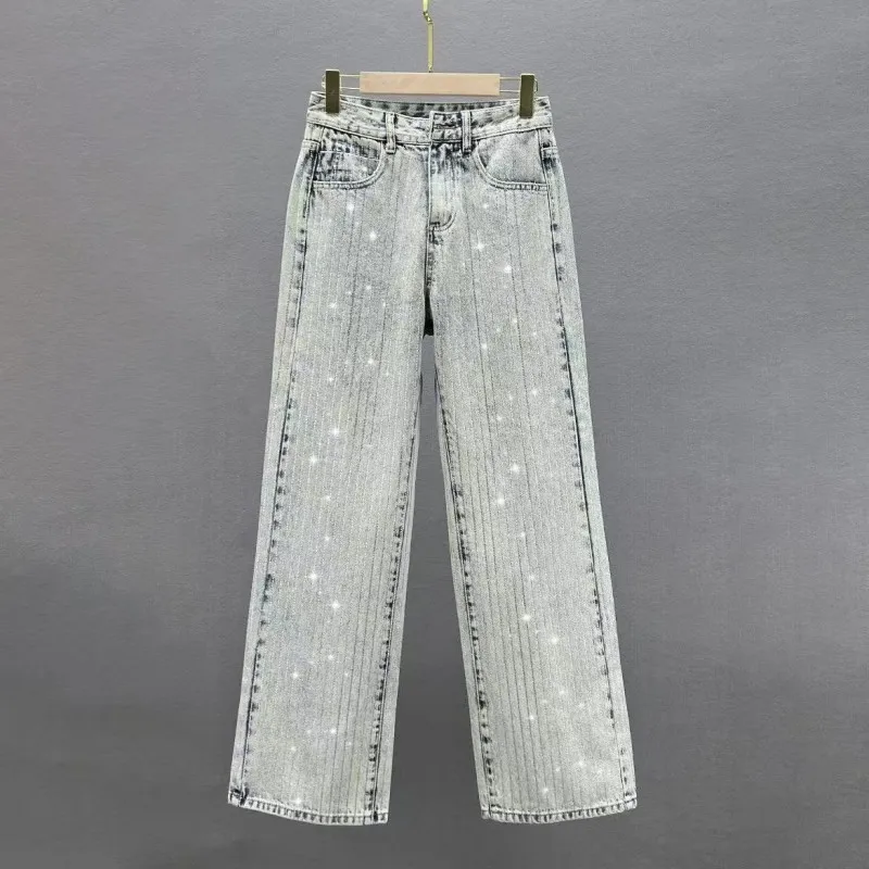 

Fashionable Women's High Waist Straight Leg Blend Jeans, Luxury Imitation Diamond Decoration, 2000s Women's Casual Street Clothi