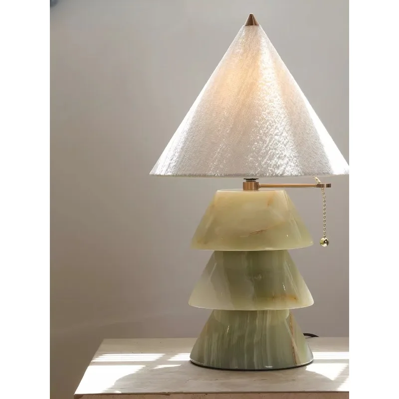 

Italian Luxury Natural Powder Jade Table Lamp LED Fabric Lampshade Living Room Villa Study Bedroom Bedside Atmosphere Desk Light