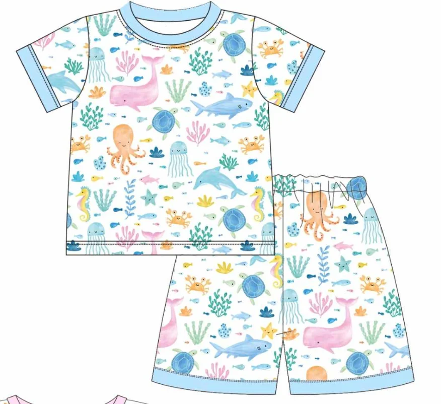 Wholesale Kids Pajamas Short-Sleeve Shorts Set for Boys and Girls Fish Print Girls Ruffled Nightgown Milk Silk