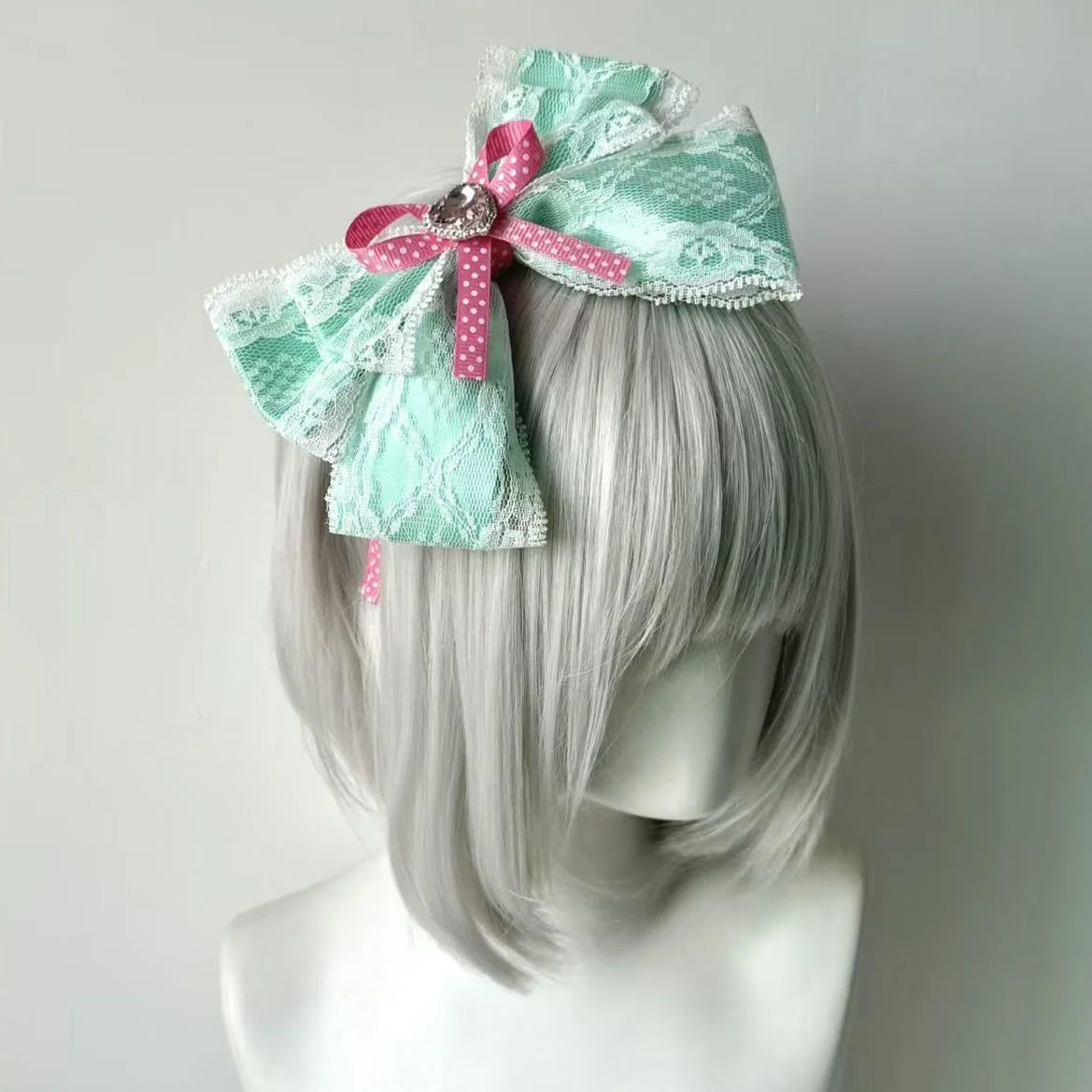 Women Fabric Rhinestone Bow Hairband Vintage Mint Green Lace Bow Lolita Hair Accessories Bow Luxury Lady Headband Headdress