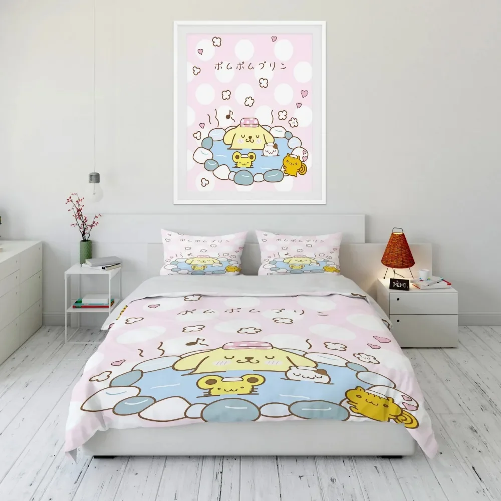 Japanese Pom Pom Purin 3 Pcs Bed Set Twin Queen King Cartoon Sets Duvet Cover Set Soft Girls Bedding Set 1 Cover + 2 Pillowcases