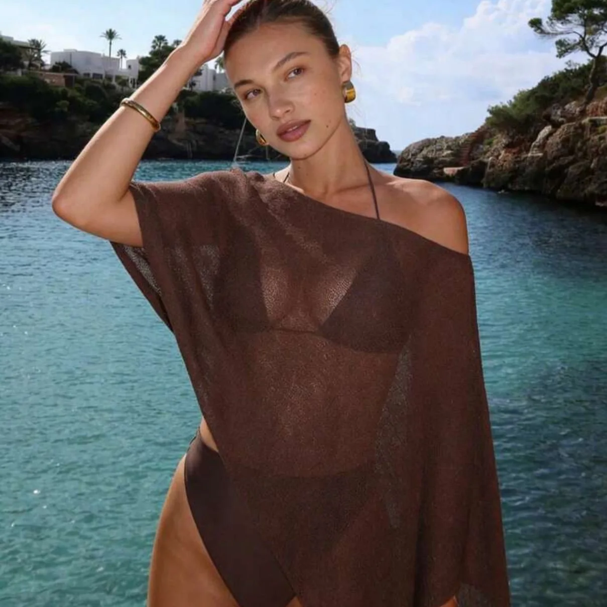 Women Glitter Sheer Knit Poncho Cape Irregular Cover Up Boho Hollow Out Beach Bikini Cover-Ups Summer See Through Sweater Top