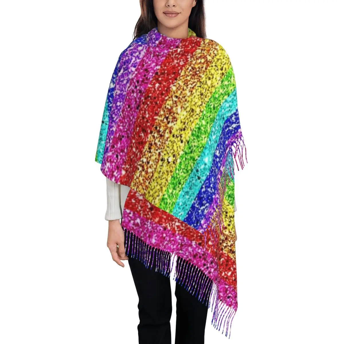 Rainbow Glitter Scarf Tassel Scarves Women Soft Warm Shawls and Wraps Long Fall Winter Shawl Wrap