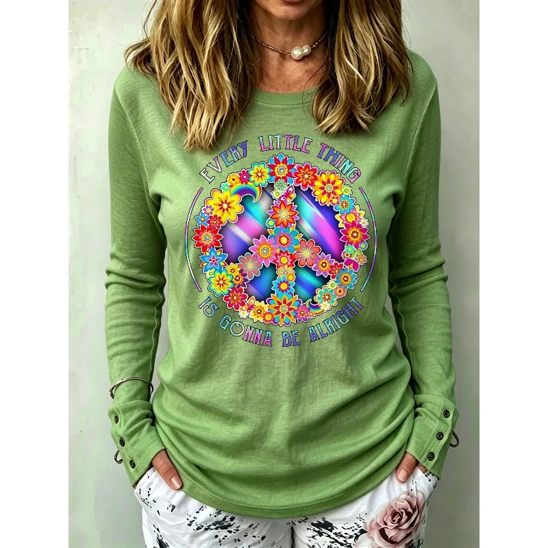 ilstile Women's Hippie Flower Print T-Shirts Autumn Long Sleeve Casual Slim Fit Round Neck Tops Tees Green NEW