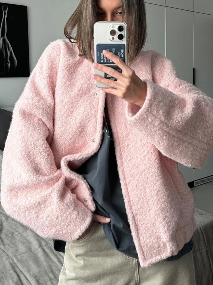 

Women Casual Solid Lamb Wool Jacket Round Neck Full Sleeve Single-breasted Loose Coat New Autumn Chic Lady Daily Commute Outwear
