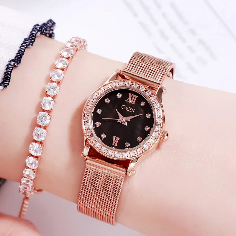 

GEDI Brand Luxury Gold Women Watches Rhinestone Simple Minimalism Elegant Lady's Wristwatch 30M Waterproof Stainless Steel Clock