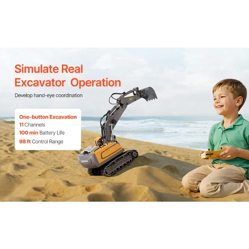 Escavatore telecomandato giocattolo da costruzione realistico per bambini escavatore RC interattivo con benna a braccio mobile