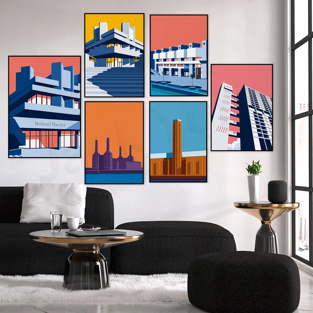 Battersea power station,Trellick Tower,Tate Modern, London Barbican poster print, Brutalist architecture wall art