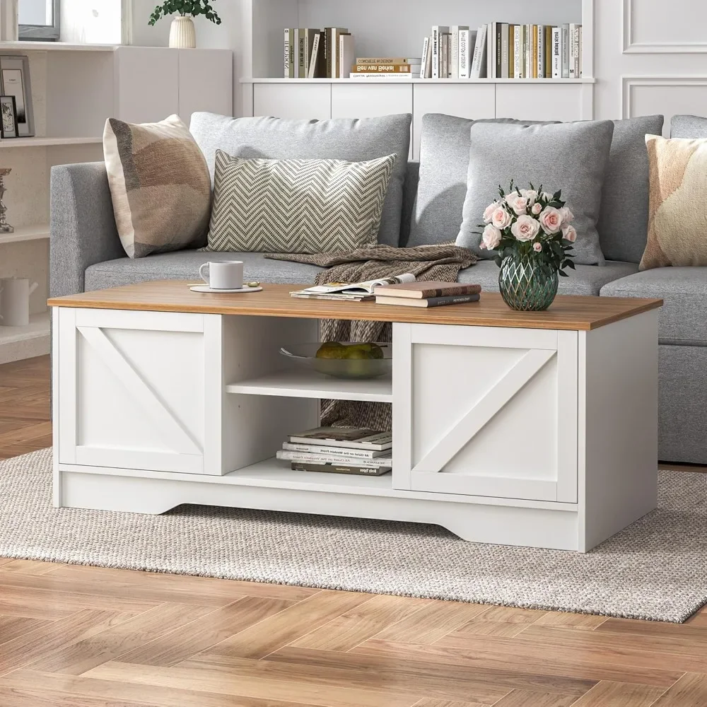 Farmhouse Coffee Table with Sliding Doors, 47 in Rustic Coffee Table with Dual Storage Cabinets & Adjustable Shelf