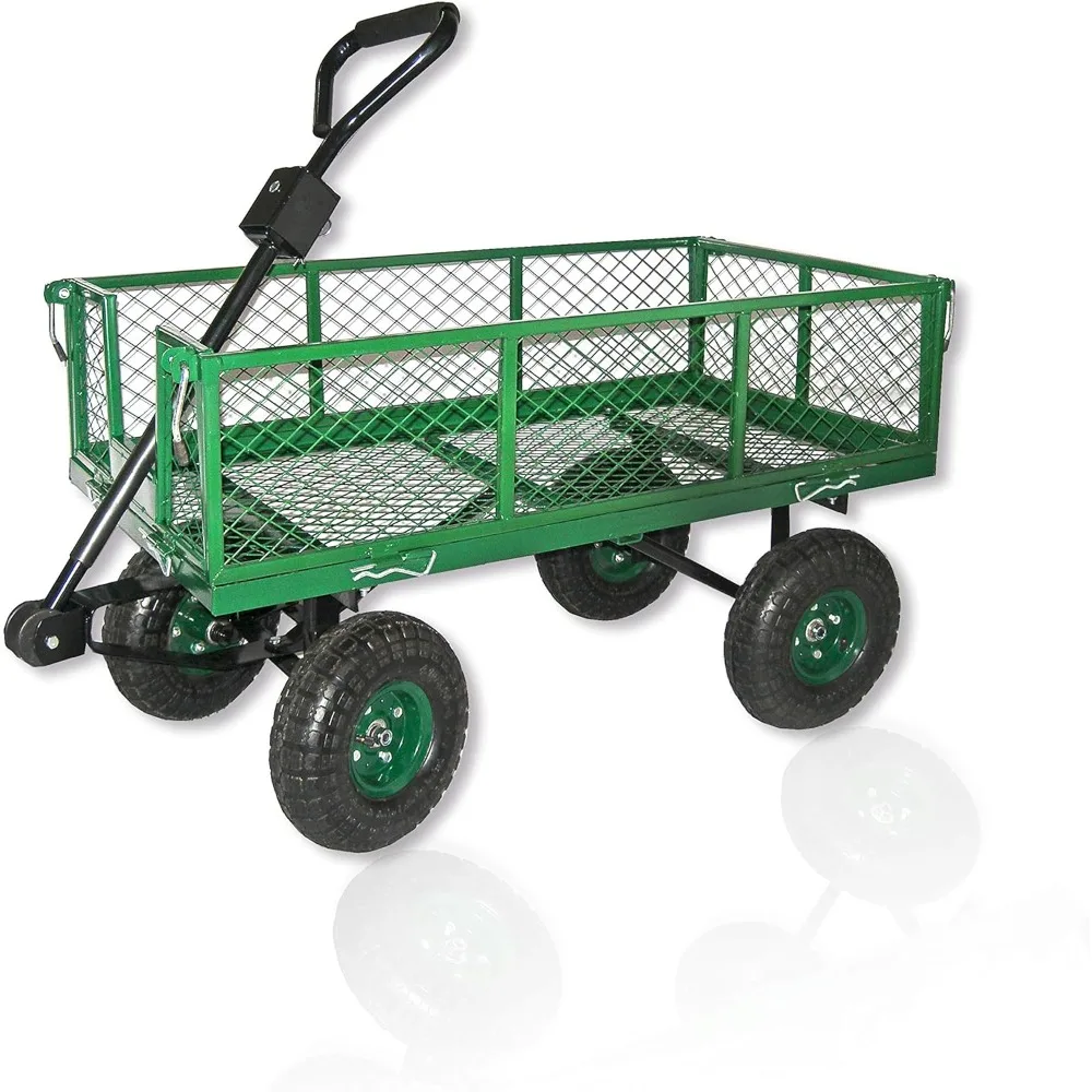 Heavy Duty 600 Lbs Capacity Mesh Steel Garden Cart Folding Utility Wagon with Removable Sides and (4) 10 Inch Wheels (Green)