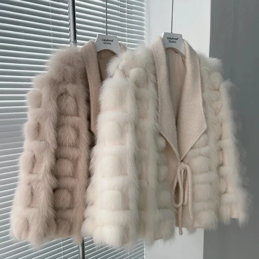 MENINA réel manteau de fourrure de renard femmes 2025 automne hiver tricoté Cardigan veste mélangée épais chaud nouvelle mode ceinture col rabattu