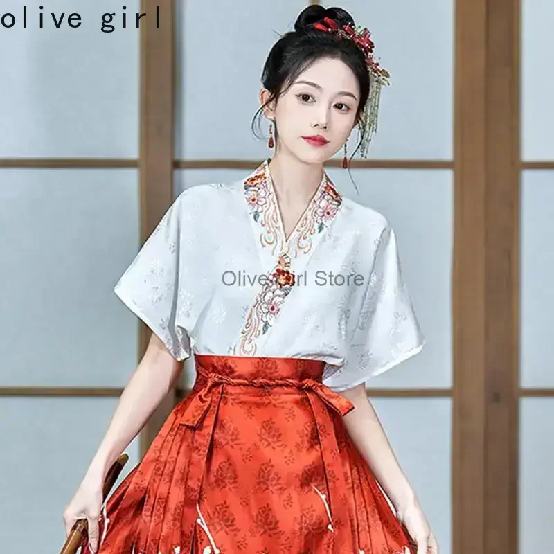 대형 중국 전통 여성 탑 인쇄 셔츠 여름 자수 블라우스 여성용 Hanfu Oversize