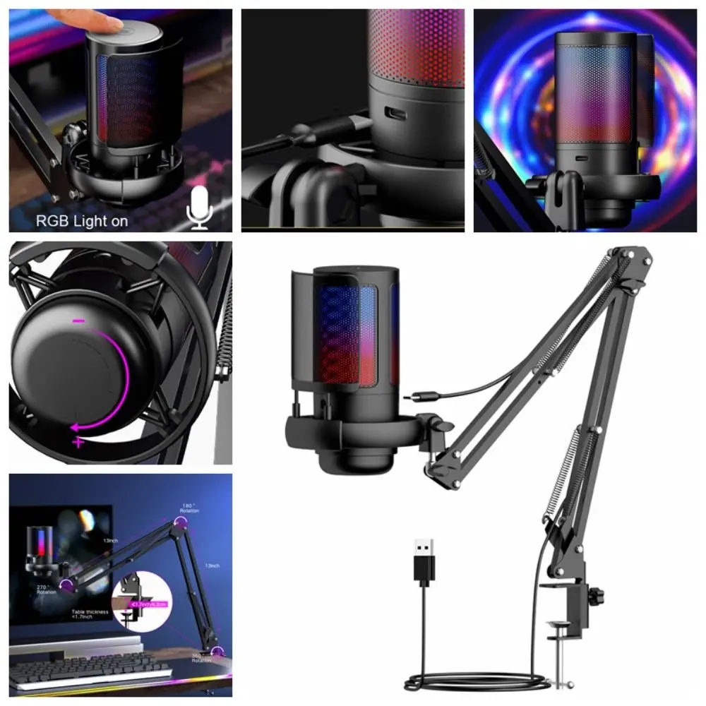 

RGB Light USB Microphone with Arm Stand Articulated Noise Reduction Condenser RGB Mic with Boom Arm Professional Colorful