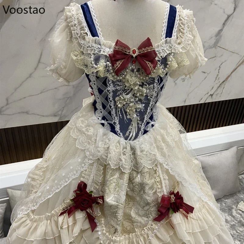 Japońska słodka sukienka księżniczki Lolita kobiety elegancka kokardka w stylu vintage Off ramię koronkowa siatka perłowa suknie wieczorowe ubrania Lolita