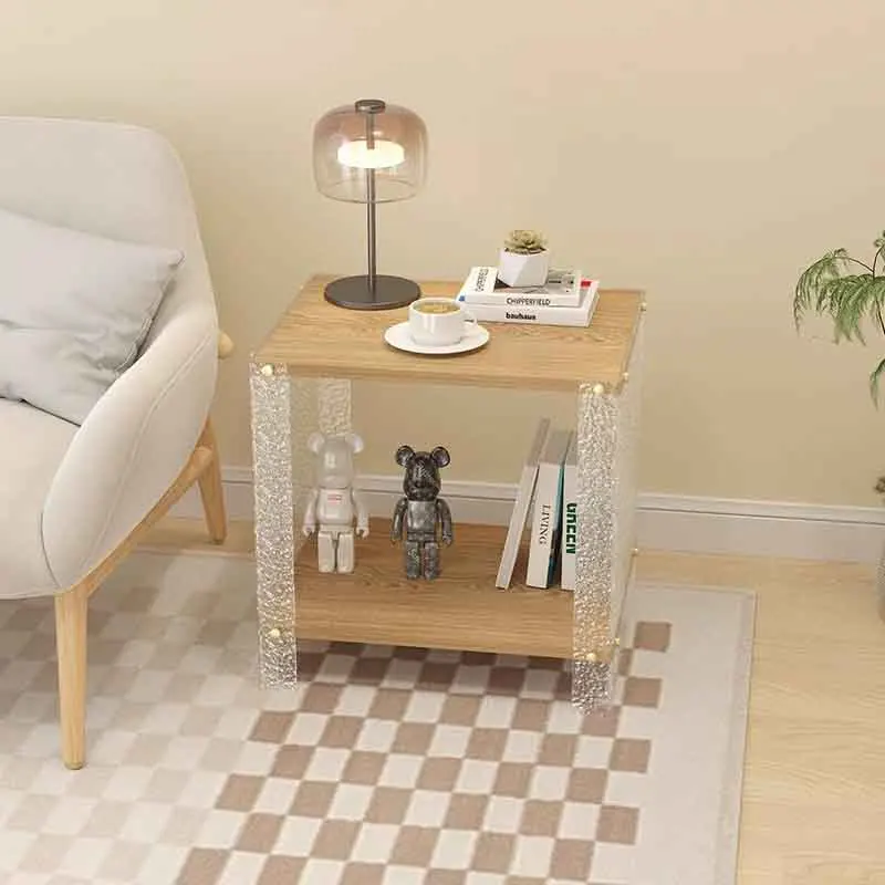 k*-Nordic Furniture, Acrylic Coffee Table, Double Layered Storage Desk, Solid Wood Tea Table, Storage Rack,Bedside Table