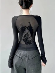 Black Retro Angel Print T-shirt for Women 2024 summer Fashion Slim Fit Tee Shirt Y2k Long Sleeve Bottoming Tops Mujer koreran fa