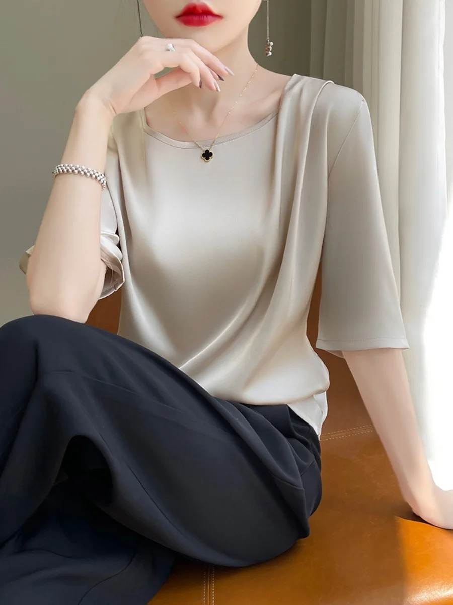 Seidensatin rund Ne f Sve Damen T-Shirt glatt plissiert Sommer New Faion dünne Oberbekleidung lässig Pendeln Sle
