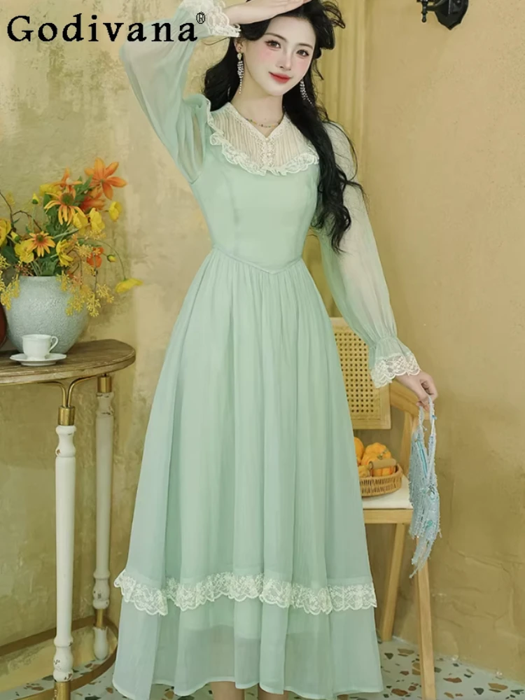 

Spring New French Long Sleeve Gentle Lace Green Dresses Fashion High Waist A-line Fairy Sweet Age Reduction Girl Princess Dress