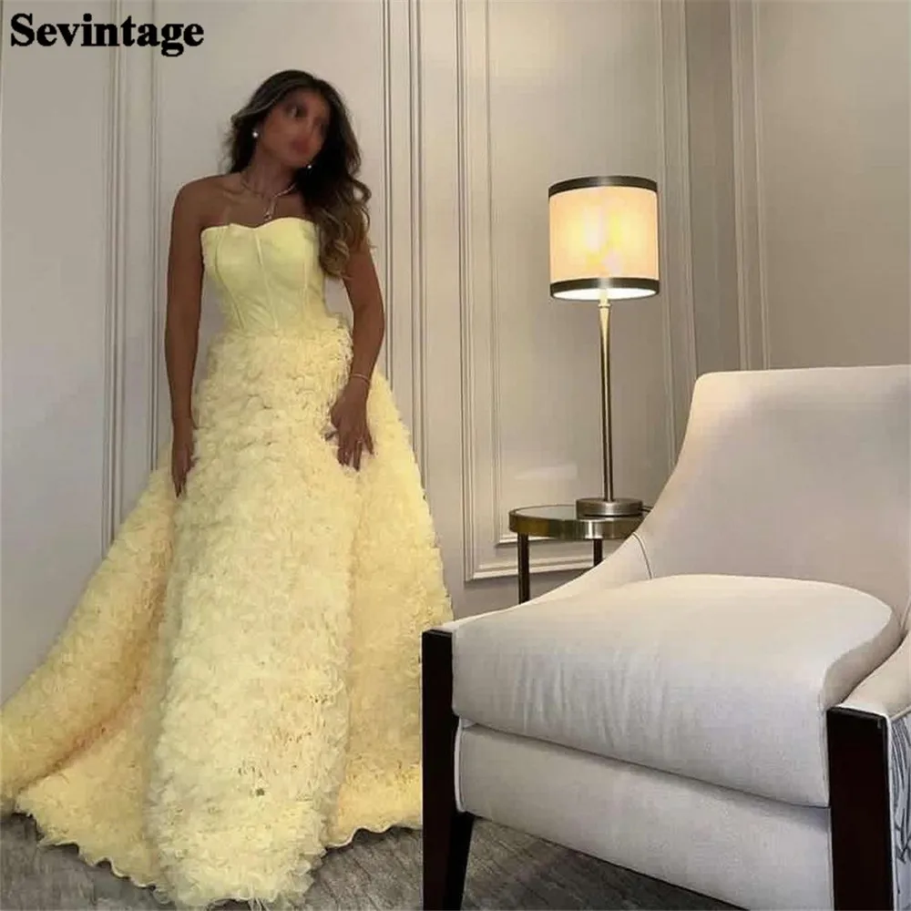 

Sevintage Modest Faint Yellow Arabic Formal Prom Dresses Strapless A-Line Floor Women Specail Party Dress Evening Gowns 2023